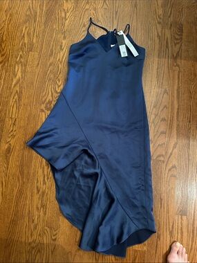 NWT Halston Heritage Navy Satin Asymmetrical Ruffle Midi Dress Size 2